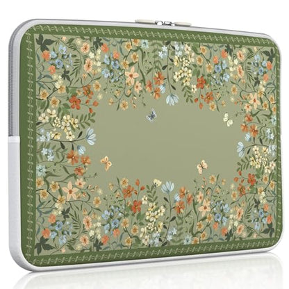 iCasso Computer Sleeve 13 inch,Stylish Girly Laptop Bag Green,13-13.6 inch Waterproof Laptop Sleeve Compatible with MacBook Neo/Air/Pro 13-14 Sleeve, HP Dell ASUS Lenovo Chromebook Notebook, Flowers - color: Green Floral, size: 13-14 Inch