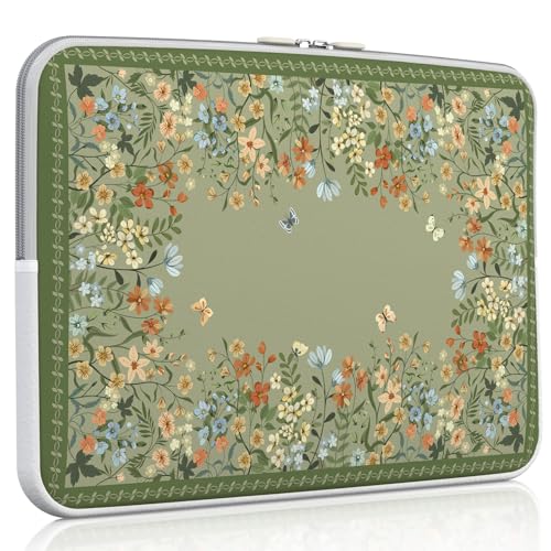 iCasso Computer Sleeve 13 inch,Stylish Girly Laptop Bag Green,13-13.6 inch Waterproof Laptop Sleeve Compatible with MacBook Neo/Air/Pro 13-14 Sleeve, HP Dell ASUS Lenovo Chromebook Notebook, Flowers - color: Green Floral, size: 13-14 Inch