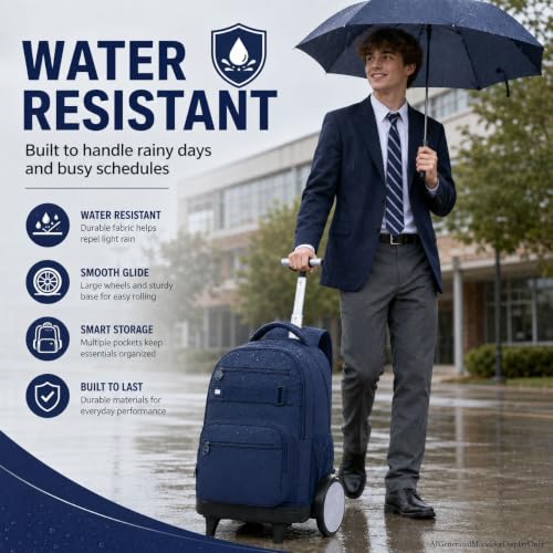 3Pcs Large Rolling Backpack for Teen Boys Men, 20 Inch Detachable Wheeled Bookbag with Lunch Box, Durable Oxford Cloth Roller Backpack for College School Travel (Blue) - color: Large Wheels Classic Blue
