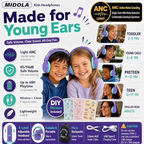 MIDOLA Kids Bluetooth Headphones Active Noise Cancelling,68H Play Time,Lightweight Wireless Foldable Over-Ear Headphone for Kid Toddler,Volume Limited 85/94dB,Headsets with Built-in Mic Purple - color: Purple