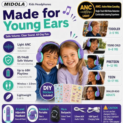 MIDOLA Kids Bluetooth Headphones Active Noise Cancelling,68H Play Time,Lightweight Wireless Foldable Over-Ear Headphone for Kid Toddler,Volume Limited 85/94dB,Headsets with Built-in Mic Purple - color: Purple
