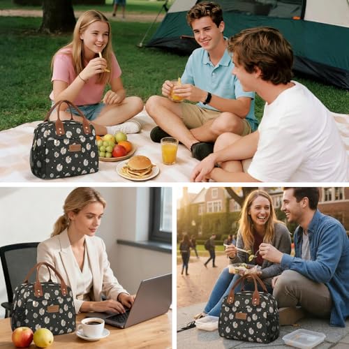HOMESPON Insulated Lunch Bag for Women Men, Cooler Tote Box, Black Daisy | Front Pocket, Side Mesh Pockets, Reusable, for Work, Picnic, Food Container - color: Black Daisy