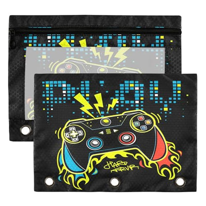 Play Game Binder Pouches 3 Ring for Boys Girls School Office College Supplies Toy Game pad Black Pencil Pouches Case Bag with Clear Window and Zipper 2 Pack - color: Game