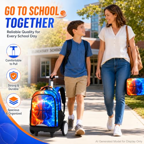 AGSDON Quiet Rolling Backpack with Lunch Box Set – Large‑Wheel Water‑Resistant Wheeled Bag for School, Outings, and Travel | Fire-Lightning Basketball 3‑Piece Organizer Backpack - color: Big Wheel Roller Bookbag Fire-lightning Basketball