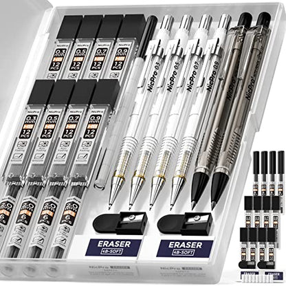 Nicpro 6PCS Art Mechanical Pencil Set, 4PCS Drafting Pencils 0.3 & 0.5 & 0.7 & 0.9 mm & 2PCS 2mm Lead Holder (4B 2B HB 2H) For Writing, Sketching Drawing With 12 Tube Lead Refills Erasers Case