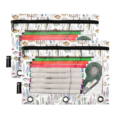 Deep Sea Fish Binder Pouches 3 Ring for Boys Girls School Office College Supplies Nautical Theme Ocean Coastl Pencil Pouches Case Bag with Clear Window and Zipper 2 Pack - color: Fish