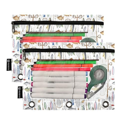 Deep Sea Fish Binder Pouches 3 Ring for Boys Girls School Office College Supplies Nautical Theme Ocean Coastl Pencil Pouches Case Bag with Clear Window and Zipper 2 Pack - color: Fish