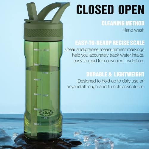OLDLEY 20oz Kids Water Bottle with Straw, BPA-Free Tritan Water Bottle for School, Leakproof Clear Water Bottle with One Click Open, Measurement Scale, Cup Holder Friendly for Boys Girls,Army Green - color: Army Green