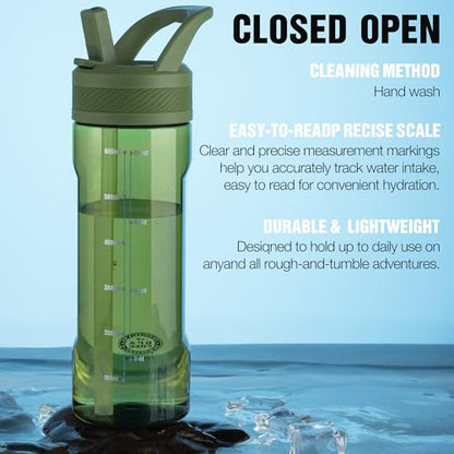 OLDLEY 20oz Kids Water Bottle with Straw, BPA-Free Tritan Water Bottle for School, Leakproof Clear Water Bottle with One Click Open, Measurement Scale, Cup Holder Friendly for Boys Girls,Army Green - color: Army Green