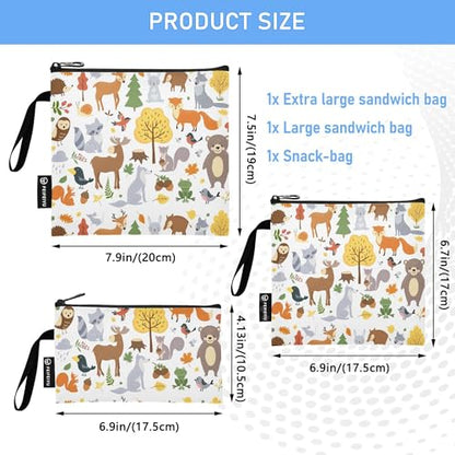 Reusable Food Storage Bags Cute Woodland Animals 3 Pack Set Lunch Bag Compact Sandwich Snack Bag Small Medium Large for Lunch, Travel & Organization - color: Bag 10