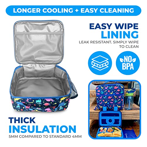 Bento Lunch Box with Bag, Water Bottle & Ice Pack Set for Kids Toddlers, 4 Portion Sections, Removable Tray, Pre-School Boy Toddler Daycare Lunches, Insulated Snack Container, Blue Space Dinosaur - color: Blue Rocket Dinosaur Set