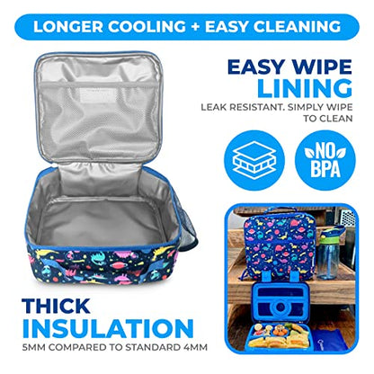 Bento Lunch Box with Bag, Water Bottle & Ice Pack Set for Kids Toddlers, 4 Portion Sections, Removable Tray, Pre-School Boy Toddler Daycare Lunches, Insulated Snack Container, Blue Space Dinosaur - color: Blue Rocket Dinosaur Set
