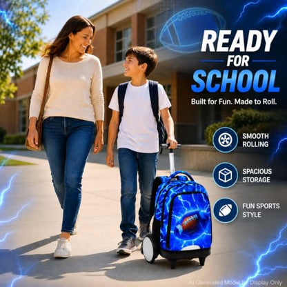 KLFVB Big Quiet-Glide Wheels Rolling School Backpack, 3-in-1 Roller Bag Set with Lunch Bag | Water-Resistant Wheeled Bookbag for Boys, Travel, Play - Lightning Rugby - color: Rolling Backpack With Big Wheels - Lightning Rugby