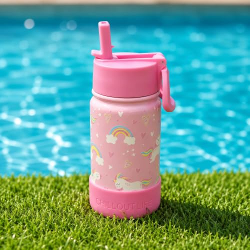 CHILLOUT LIFE 12oz Kids Insulated Stainless Steel Water Bottle with Leak Proof Straw Lid & 144 Stickers - color: Pink Unicorn, style: 12 oz