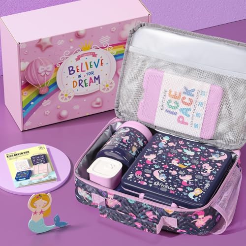 Fimibuke Kids Bento Snack Lunch Box with Thermo Insulated Toddler Lunch Bag | Lunch Box Kids with 4 Compartment, Food Jar, Ice Pack, Utensils, Birthday Gifts for Ages 3-12 Back to School Toddler Girl Boy - color: A5.Mermaid