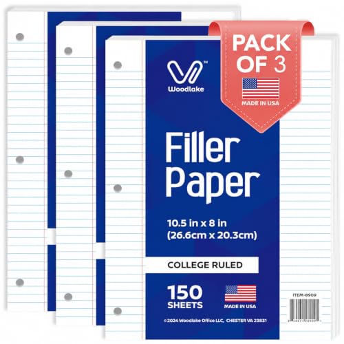 Woodlake Loose Leaf Paper, College Ruled Notebook Paper, 8 x 10.5”, 150 Sheets per Pack, 3 Pack, Lined Filler Paper, 3 Hole Punched, 65gsm, Made in USA - color: College Ruled, size: 3 PACK(450 SHEETS)