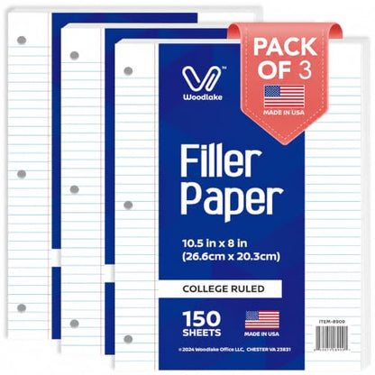 Woodlake Loose Leaf Paper, College Ruled Notebook Paper, 8 x 10.5”, 150 Sheets per Pack, 3 Pack, Lined Filler Paper, 3 Hole Punched, 65gsm, Made in USA - color: College Ruled, size: 3 PACK(450 SHEETS)