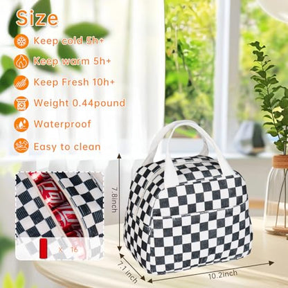 Lunch Bag for Women Men - Reusable Insulated Lunch Box with Handle, Leakproof Checkered Design for Office, School, Picnic - color: White-Black-Grid