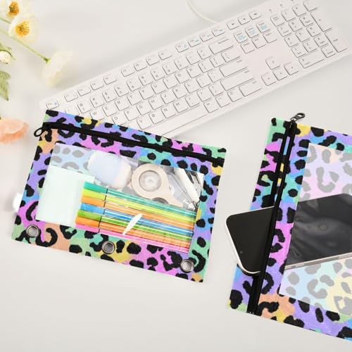 Kcldeci Pencil Pouch for 3 Ring Binder, Leopard Print Cute Cheetah Spots 2 Pack Binder Pencil Pouch with Clear Window Pencil Bags with Zipper Pencil Case for Binder - color: C05
