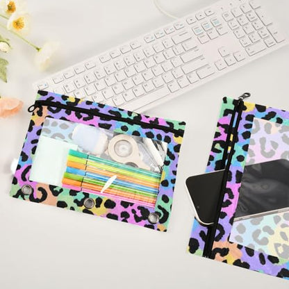 Kcldeci Pencil Pouch for 3 Ring Binder, Leopard Print Cute Cheetah Spots 2 Pack Binder Pencil Pouch with Clear Window Pencil Bags with Zipper Pencil Case for Binder - color: C05