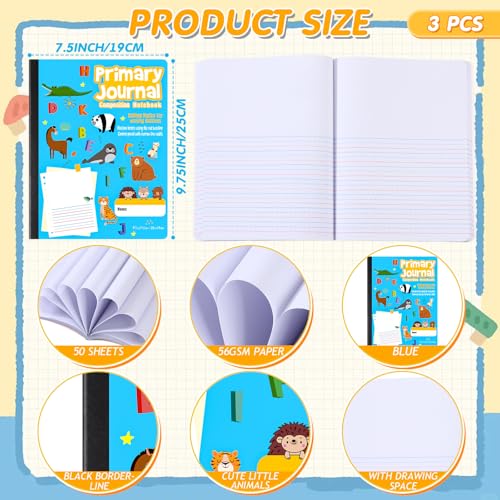 Watersay 3 Pcs Primary Composition Notebook K-2 with Picture Space Primary Journal Grades K-2 Animal Print 50 Sheet (100 Pages) Drawing and Writing Notebook for Preschool, 1st 2nd Grade (Blue Color)