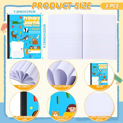 Watersay 3 Pcs Primary Composition Notebook K-2 with Picture Space Primary Journal Grades K-2 Animal Print 50 Sheet (100 Pages) Drawing and Writing Notebook for Preschool, 1st 2nd Grade (Blue Color)
