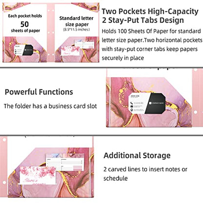 Ospelelf Folders with Pockets, Waterproof Plastic Folder with Two Fixed Corner Tabs and 2 Pockets Includes Business Card Slot, Includes Sticker, Fits 3 Ring Binder Holds 11" x 8.5", 6-Pack - color: Marble