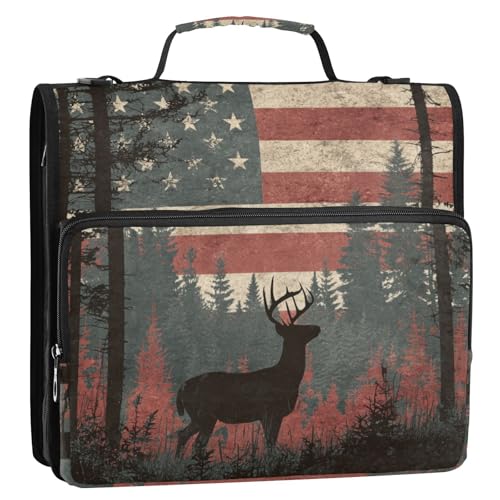 Cute Deer American Flag Zipper Binder Bag 3 Ring with Handle Shoulder Strap, Binder File Organizer Bag Storage Case for Work Office School