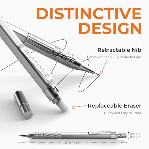 Four Candies 2PCS 0.5mm & 0.7 mm Metal Mechanical Pencils Set, 360PCS Lead Refills, 12 Erasers, Cool Lead Pencil with Case for School Writing, Sketching, Technical Work, Art Projects, Silver - color: Silver