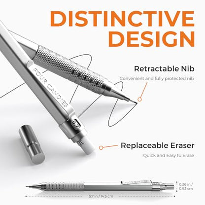 Four Candies 2PCS 0.5mm & 0.7 mm Metal Mechanical Pencils Set, 360PCS Lead Refills, 12 Erasers, Cool Lead Pencil with Case for School Writing, Sketching, Technical Work, Art Projects, Silver - color: Silver