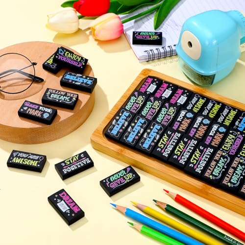 Dunzoom 100 Pcs Back to School Inspirational Pencil Erasers Bulk for Kids Fun Motivational Eraser School Office Supplies for Students Classroom Office Teacher Artists(Colorful Chalkboard) - style: Colorful Chalkboard
