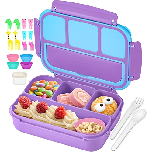 QQKO Bento Lunch Box for Kids Girls Boys, Toddler Kids Lunch Boxes for School, Lunch Containers for Adults with 4 Compartments, Sauce Container, Utensils, Food Picks and Muffin Cups, Purple - color: Purple