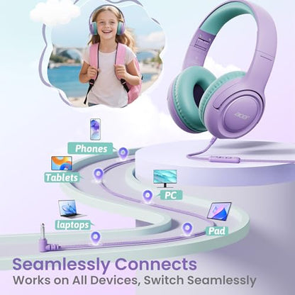 Acer 2Pack Kids Headphones - 85/94dB Volume Limiter, Foldable Wired Over Ear Headphones for Travel, 3.5mm Jack, Toddler Headphones for School, Travel, iPad, Tablet, HK03-2P - color: Purple Green & Blue Green