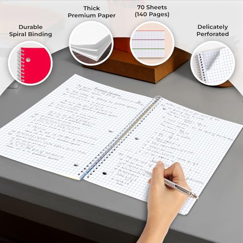 Rosmonde 24 Pack 1 Subject Graph Paper Spiral Notebook, 70 Sheets/140 Pages | Bulk 4x4 Grid Quad Ruled Spiral Notebook, 8 x 10-1/2", 3 Hole Punched, Bulk Quad Ruled Graph Paper Spiral Notebooks, Assorted - size: 24 Pack