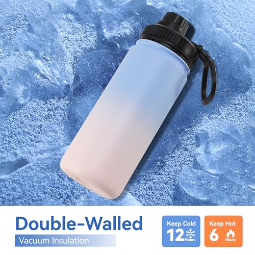 DOMICARE 16 oz Kids Water Bottle for School Stainless Steel Double Wall Vacuum Insulated Water Bottle with Straw lids & Spout Lid, Leakproof BPA Free (Blue/Pink,1) - color: Blue/Pink, size: 16 Ounces