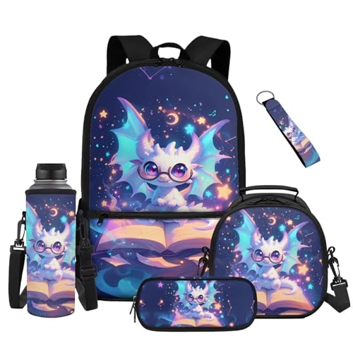 Cute Dragon Kids School Backpack Set, 5 Pieces with Lunch Bag, Pencil Case and Water Bottle Carrier, Large Capacity Backpack for Elementary, Middle School and Travel - color: Cute Dragon
