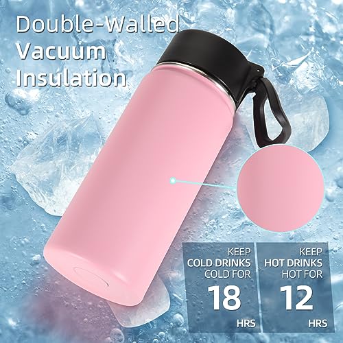 Volhoply Kids Insulated Water Bottle with Straw,16oz Stainless Steel Cold Water Bottles for School,BPA-Free Metal Wide Mouth Cups with Handle Lid,Reusable Double Wall Vacuum Sport Flask(Pink,1) - color: Pink