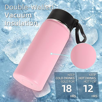 Volhoply Kids Insulated Water Bottle with Straw,16oz Stainless Steel Cold Water Bottles for School,BPA-Free Metal Wide Mouth Cups with Handle Lid,Reusable Double Wall Vacuum Sport Flask(Pink,1) - color: Pink
