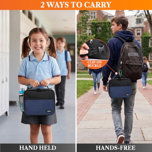 opux Insulated Lunch Bag for Kids, Reusable Lunch Box for School with Leakproof Lining, Compact Soft Cooler Tote for Boys & Girls, Front Pocket, Mesh Side Bottle Holder (Heather Navy) - color: Heather Navy