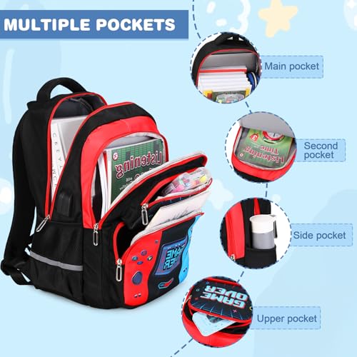 Bevalsa Kids Backpack for Boys with Bento Lunch Box, Insulated Bag & Utensils, 43oz Lunch Containers with 6 Compartment, Gamer Backpack School Bags for Elementary Middle School Student (Red Blue) - color: Red Blue