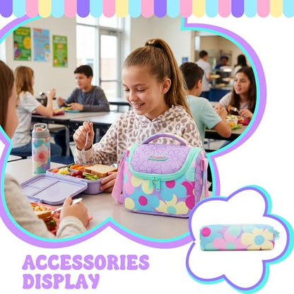 Rolling Backpack for Girls,Backpack with Wheels for Girls Kids Wheeled School Bag Set with Lunch Bag & Pencil Case,Flower Print Elementary Trolley Bookbag for Travel - color: Purple Flower