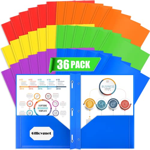 Officygnet 36 Packs Plastic Folders with Pockets and Prongs, Bulk Heavy Duty Plastic Folder, Multicolor 2 Pocket Folders for School and Office Supplies, File Folder Letter Size