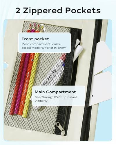 Pencil Pouch for 3 Ring Binder - 3 Hole Zipper Pen Case Bag Holder Bulk Accessories Clear Window Aesthetic Organizer Pockets - color: Beige