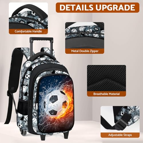 Boys Rolling Backpack for Kids - Soccer Kids Rolling Backpack with Wheels for Elementary Middle School Students - Sport Roller School Bookbag Aged 6-18, Wheeled Travel Bag Large Capacity - color: Soccer-001-backpack Only
