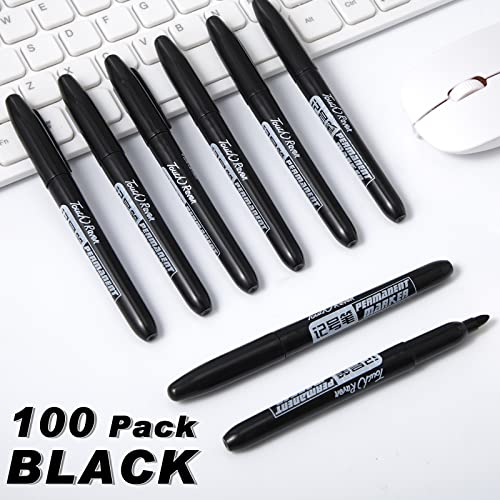 Thenshop 100 Pack Permanent Markers Bulk Black Set Fine Point Marker Pens Waterproof Works on Plastic, Wood, Stone, Metal and Glass