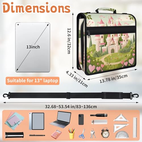Castle Pink Zipper Binder, 3 D-Ring Expanding File Folder with Handle & Adjustable Shoulder Strap, 400 Sheets Capacity Multi-Pocket Organizer for 13 Inch Laptop - color: Castle Pink
