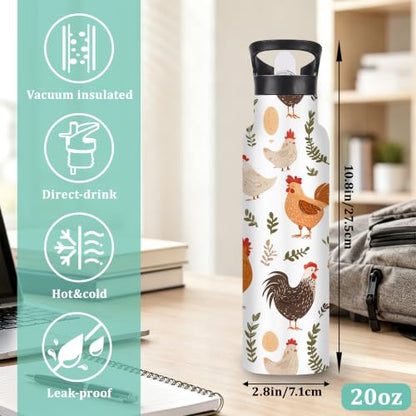 Chicken Farm 20 oz Insulated Water Bottles Rooster Grass Stainless Steel Thermal Bottle Leak Resistant with Straw Twist Cap and Handle for Sports Coffee Mug Cup - color: Chicken Farm,Rooster Grass