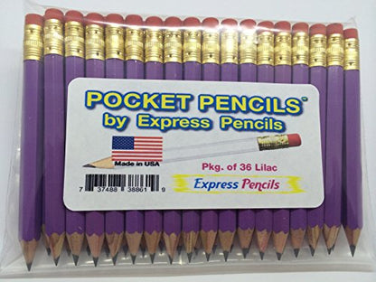 Half Pencils with Eraser - Golf, Pew, Short, Mini, Small, Church - Hexagon, Sharpened, #2 Pencil, Color - Lilac, Pkg of 36 Pocket Pencils™