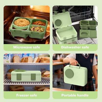 Bento Box for Kids, Leakproof Kids Bento Lunch Box Container with 8oz Insulated Thermo Food Jar, Sauce Jar, Utensil, DIY Stickers for School Boys Girls, 3-4 Compartments, BPA-Free - color: Pale Grass Green