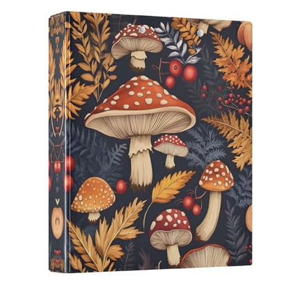 3 Ring Binder with Clipboard, D Rings Holds 200 Sheets, Heavy Duty Binders Folder for School Office, Waterproof PVC Cover with 3 Interior Clear Pockets, Mushrooms